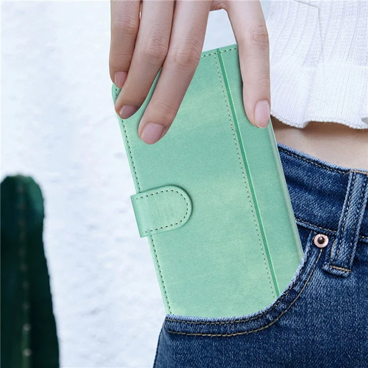 For iPhone 16e Case Wallet Stand Retro Texture Leather Phone Cover with Lanyard - Mint Green