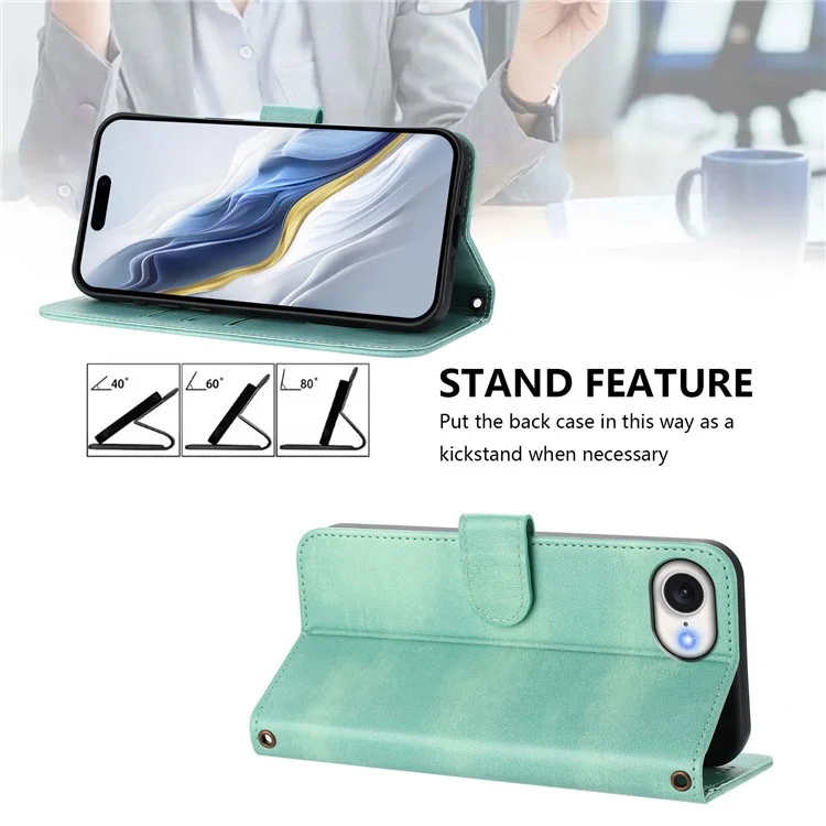 For iPhone 16e Case Wallet Stand Retro Texture Leather Phone Cover with Lanyard - Mint Green
