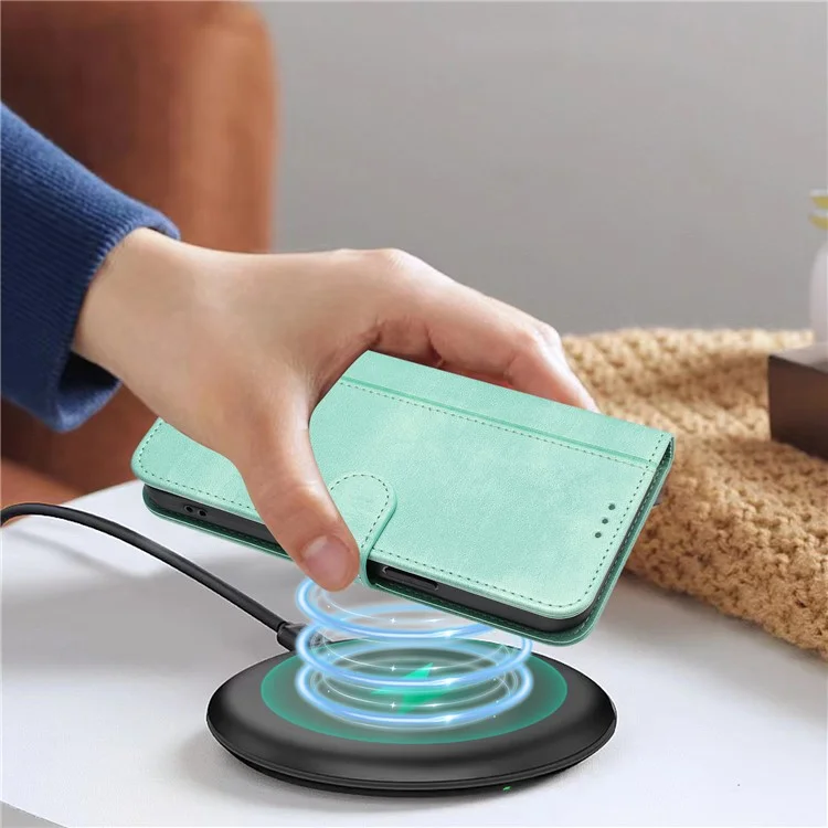 For iPhone 16e Case Wallet Stand Retro Texture Leather Phone Cover with Lanyard - Mint Green