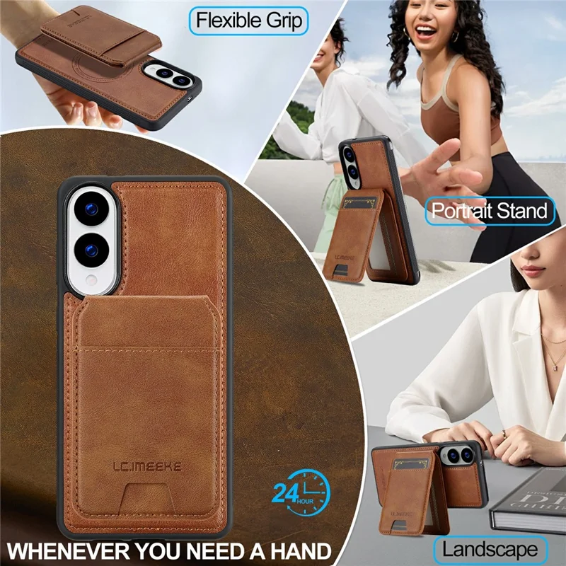 LC.IMEEKE L3 For Samsung Galaxy S25 Edge Magnetic Case Detachable Card Holder Leather TPU Mobile Cover - Brown