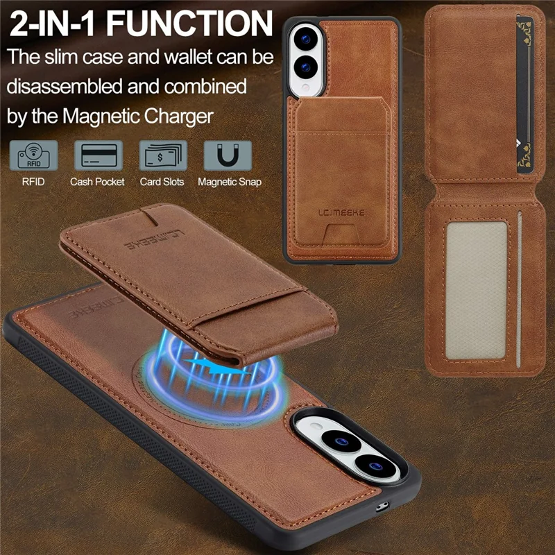 LC.IMEEKE L3 For Samsung Galaxy S25 Edge Magnetic Case Detachable Card Holder Leather TPU Mobile Cover - Brown
