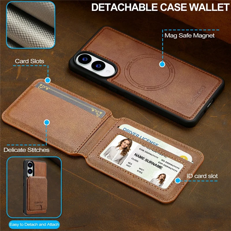 LC.IMEEKE L3 For Samsung Galaxy S25 Edge Magnetic Case Detachable Card Holder Leather TPU Mobile Cover - Brown