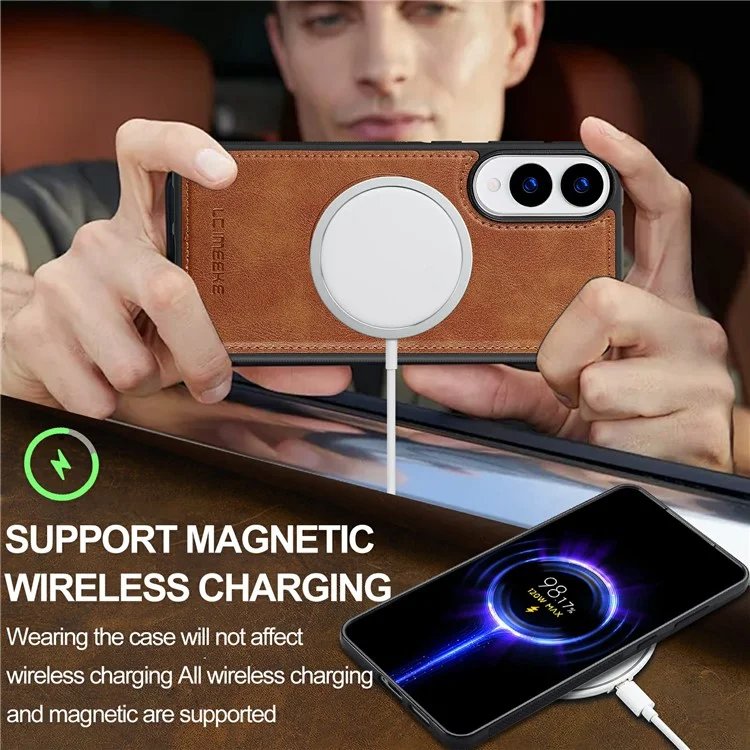 LC.IMEEKE Pour Samsung Galaxy S25 Edge Étui Magnétique Compatible avec MagSafe Cuir + Coque Arrière en TPU - Marron