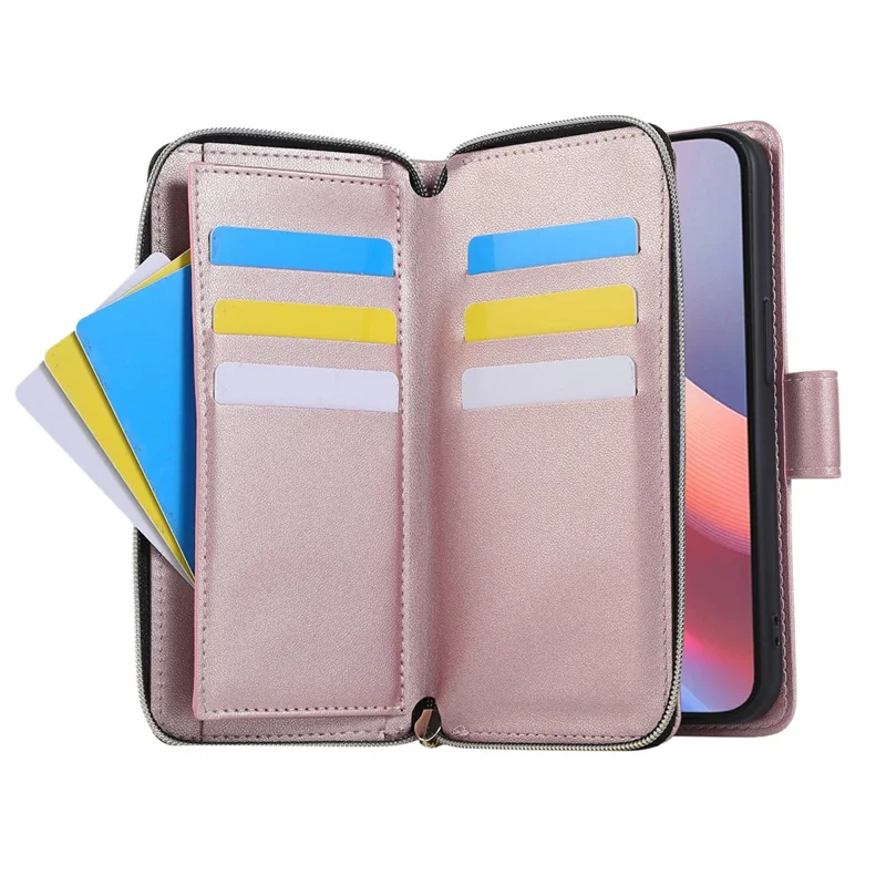 For iPhone 16e Case Zipper Pocket PU Leather Cover with 9 Card Slots - Rose Gold
