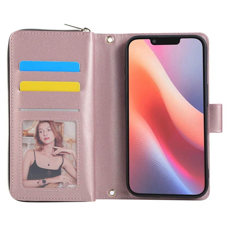For iPhone 16e Case Zipper Pocket PU Leather Cover with 9 Card Slots - Rose Gold