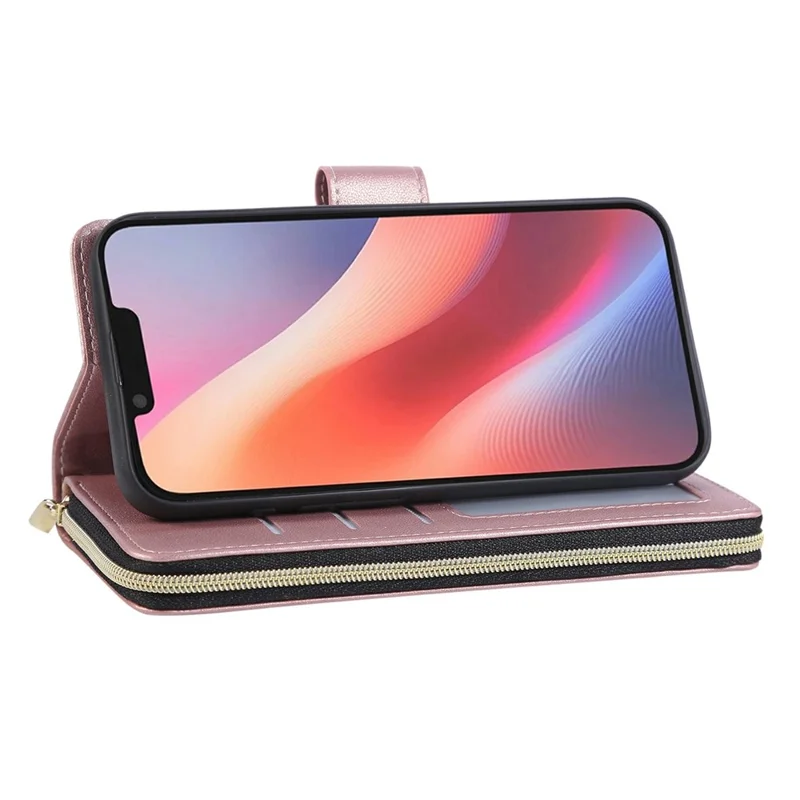 For iPhone 16e Case Zipper Pocket PU Leather Cover with 9 Card Slots - Rose Gold