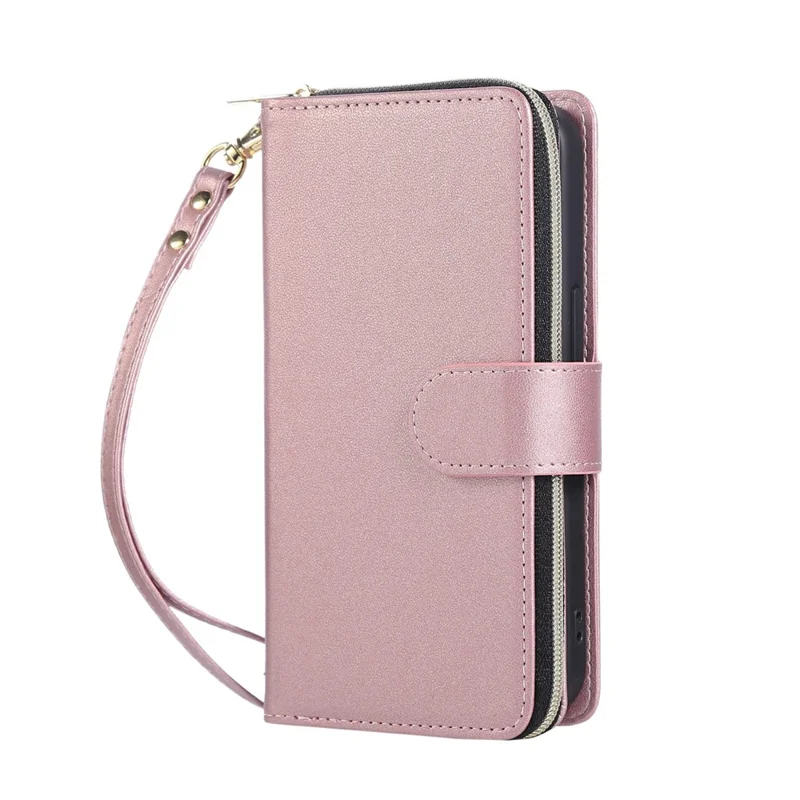 For iPhone 16e Case Zipper Pocket PU Leather Cover with 9 Card Slots - Rose Gold