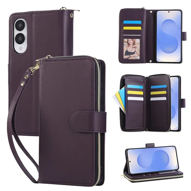 For Samsung Galaxy S25 Edge Case Zipper Pocket PU Leather Cover with 9 Card Slots - Dark Purple
