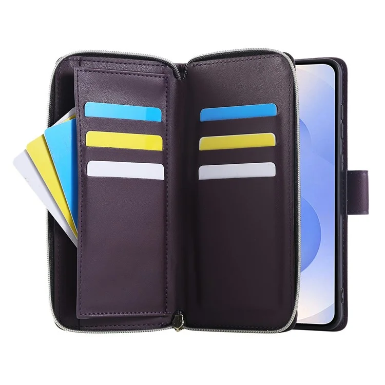 For Samsung Galaxy S25 Edge Case Zipper Pocket PU Leather Cover with 9 Card Slots - Dark Purple