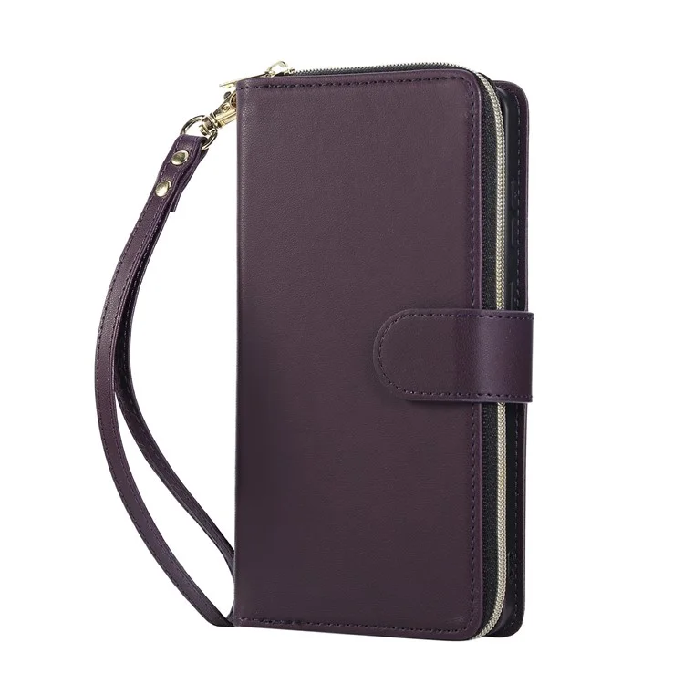 For Samsung Galaxy S25 Edge Case Zipper Pocket PU Leather Cover with 9 Card Slots - Dark Purple