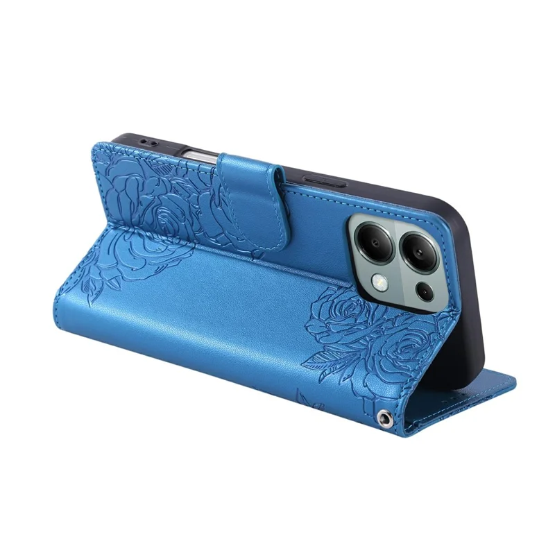 Per Xiaomi Redmi Note 13 Pro 4G / Poco M6 Pro 4G Cover a Portafoglio in Pelle PU con Fiore di Rosa e 3 Slot per Carte - Blu