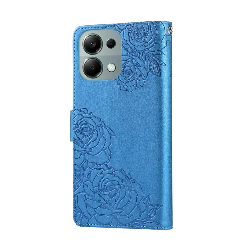 Per Xiaomi Redmi Note 13 Pro 4G / Poco M6 Pro 4G Cover a Portafoglio in Pelle PU con Fiore di Rosa e 3 Slot per Carte - Blu