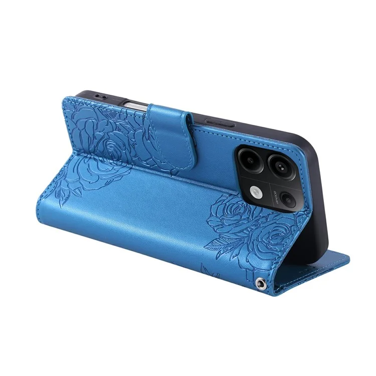 Per Xiaomi Redmi Note 13 Pro 5G / Poco X6 5G Cover a Portafoglio in Pelle PU con Fiore di Rosa e 3 Slot per Carte - Blu