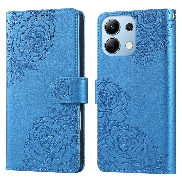 Cover per Xiaomi Redmi Note 13 4G con Fiori di Rosa in Pelle PU Portafogli con 3 Slot per Carte - Blu