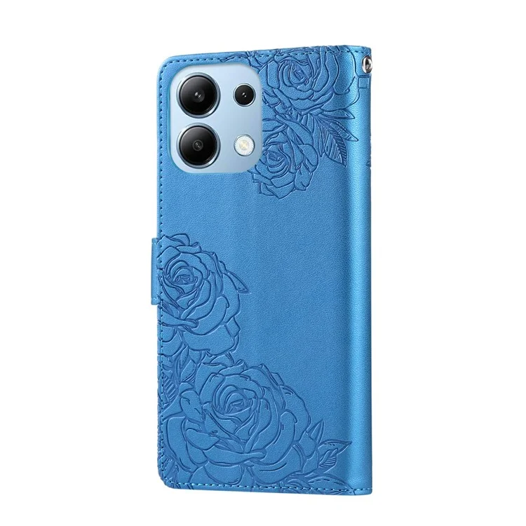 Cover per Xiaomi Redmi Note 13 4G con Fiori di Rosa in Pelle PU Portafogli con 3 Slot per Carte - Blu