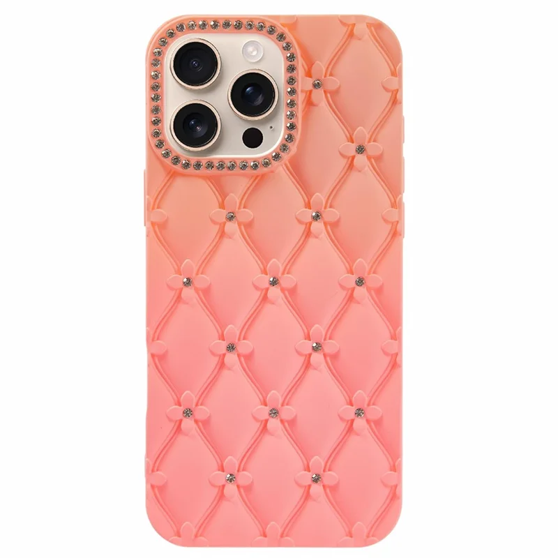 For iPhone 16 Pro Max Case Rhinestone Decor Rubberized TPU Phone Cover - Pink + Rose