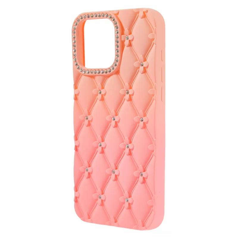 For iPhone 16 Pro Max Case Rhinestone Decor Rubberized TPU Phone Cover - Pink + Rose