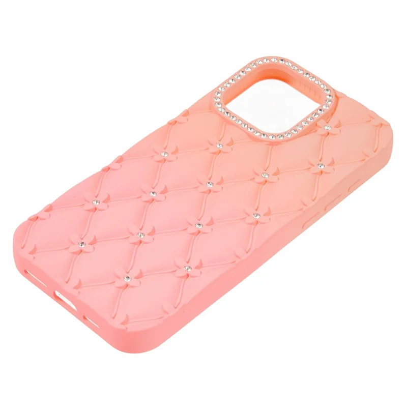 For iPhone 16 Pro Max Case Rhinestone Decor Rubberized TPU Phone Cover - Pink + Rose