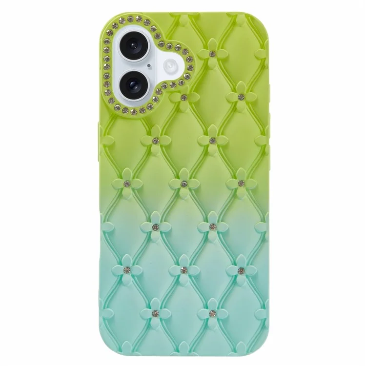 Cover per iPhone 16 con Strass Decorativi, Rivestimento in TPU Gommato - Verde + Azzurro Pastello