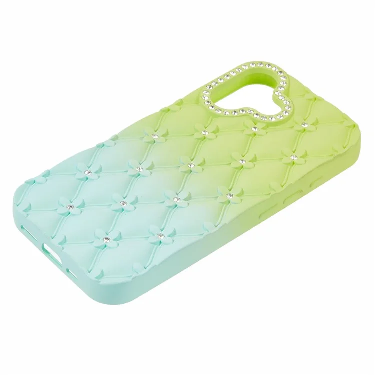 Cover per iPhone 16 con Strass Decorativi, Rivestimento in TPU Gommato - Verde + Azzurro Pastello