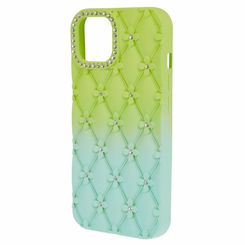 For iPhone 15 Case Rhinestone Decor Rubberized TPU Phone Cover - Green + Baby Blue