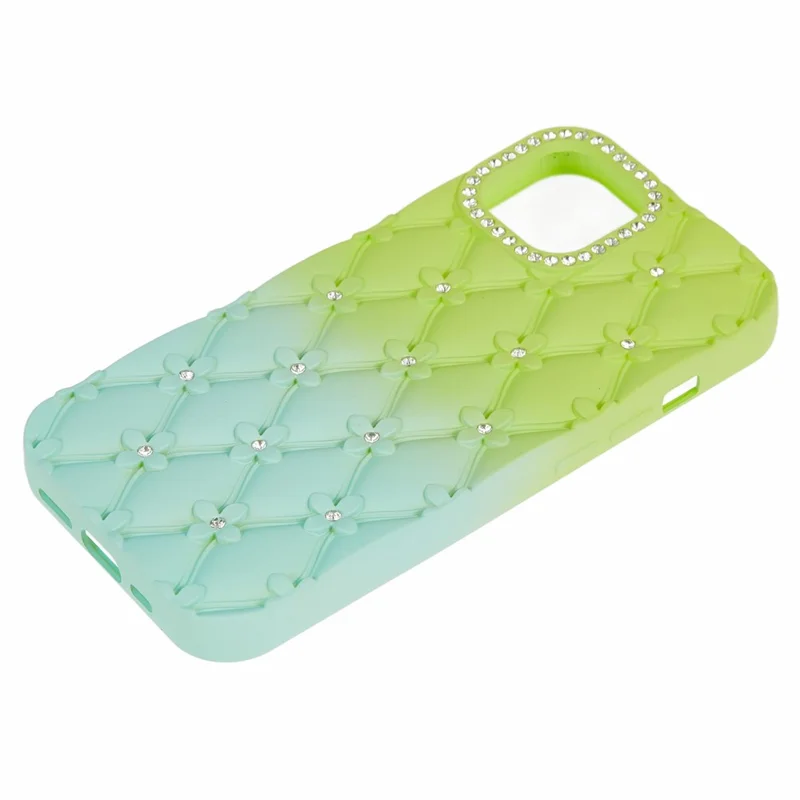 For iPhone 15 Case Rhinestone Decor Rubberized TPU Phone Cover - Green + Baby Blue