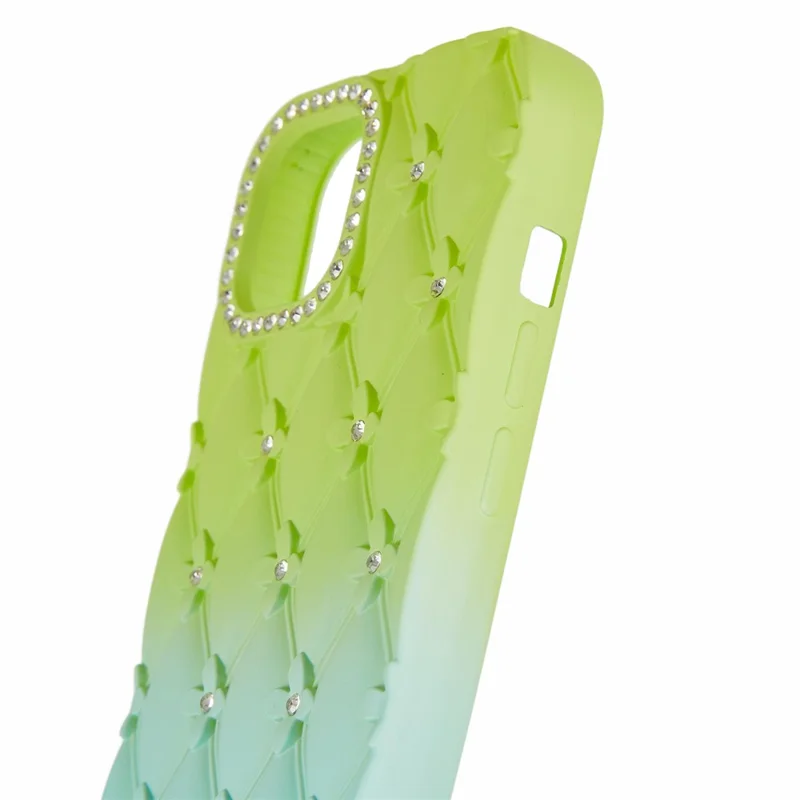For iPhone 15 Case Rhinestone Decor Rubberized TPU Phone Cover - Green + Baby Blue