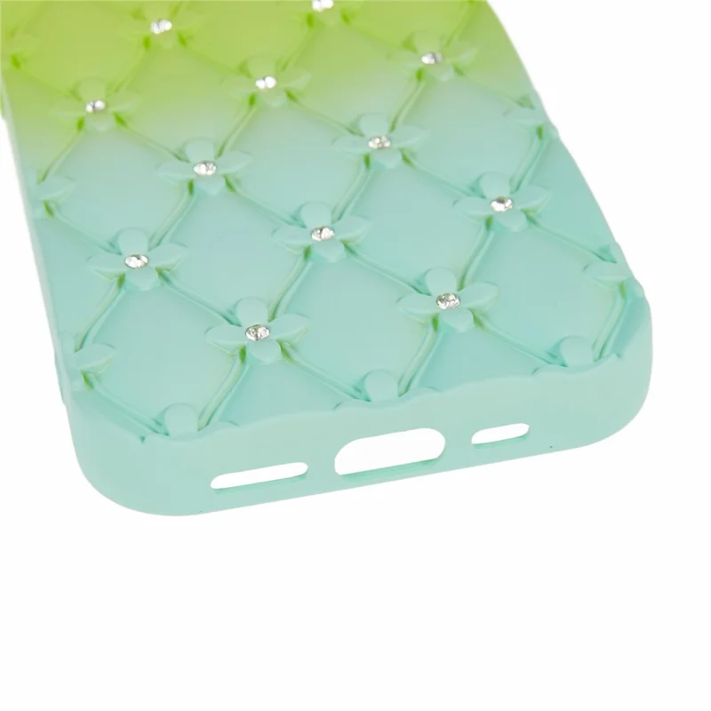 For iPhone 15 Case Rhinestone Decor Rubberized TPU Phone Cover - Green + Baby Blue