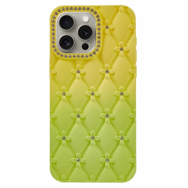 For iPhone 15 Pro Max Case Rhinestone Decor Rubberized TPU Phone Cover - Yellow + Green