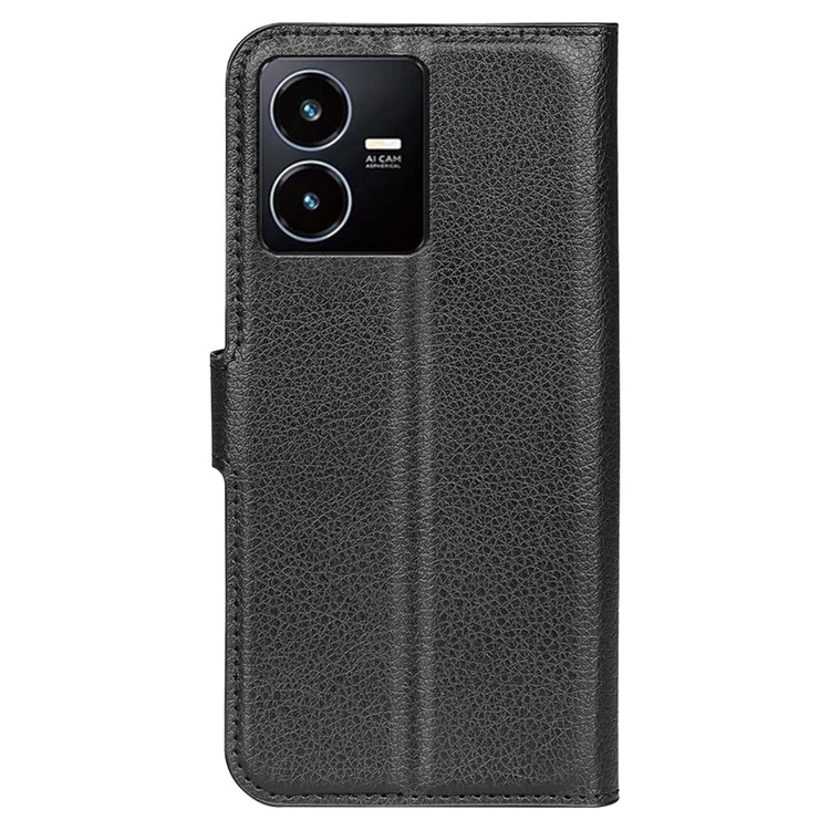 For vivo Y22s 4G Litchi Texture PU Leather + TPU Full Protection Case Wallet Stand Phone Cover - Black