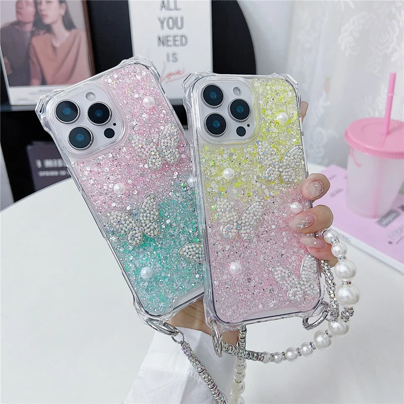 For iPhone 16 Pro Case with Strap Epoxy Glitter Butterfly Decor TPU + Acrylic Phone Back Cover - Pink / Green