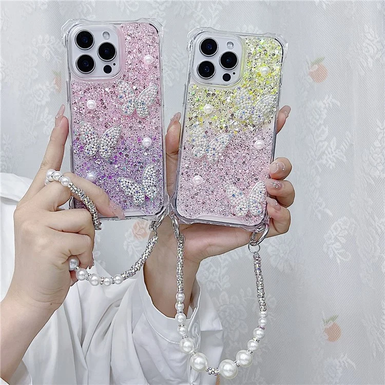 For iPhone 15 Pro Max Case with Strap Epoxy Glitter Butterfly Decor TPU + Acrylic Phone Back Cover - Pink / Yellow