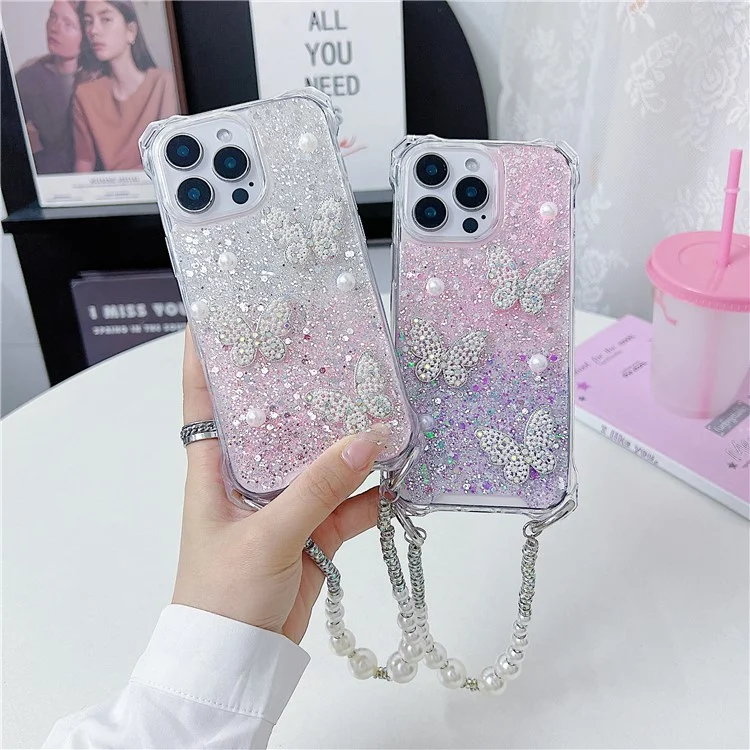 For iPhone 15 Pro Max Case with Strap Epoxy Glitter Butterfly Decor TPU + Acrylic Phone Back Cover - Pink / Yellow