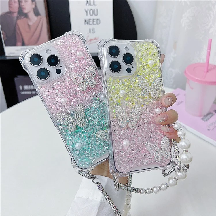 For iPhone 15 Pro Max Case with Strap Epoxy Glitter Butterfly Decor TPU + Acrylic Phone Back Cover - Pink / Yellow