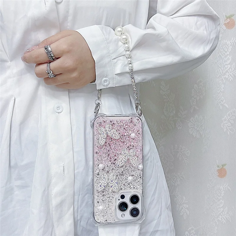For iPhone 15 Pro Case with Strap Epoxy Glitter Butterfly Decor TPU + Acrylic Phone Back Cover - Pink / Purple