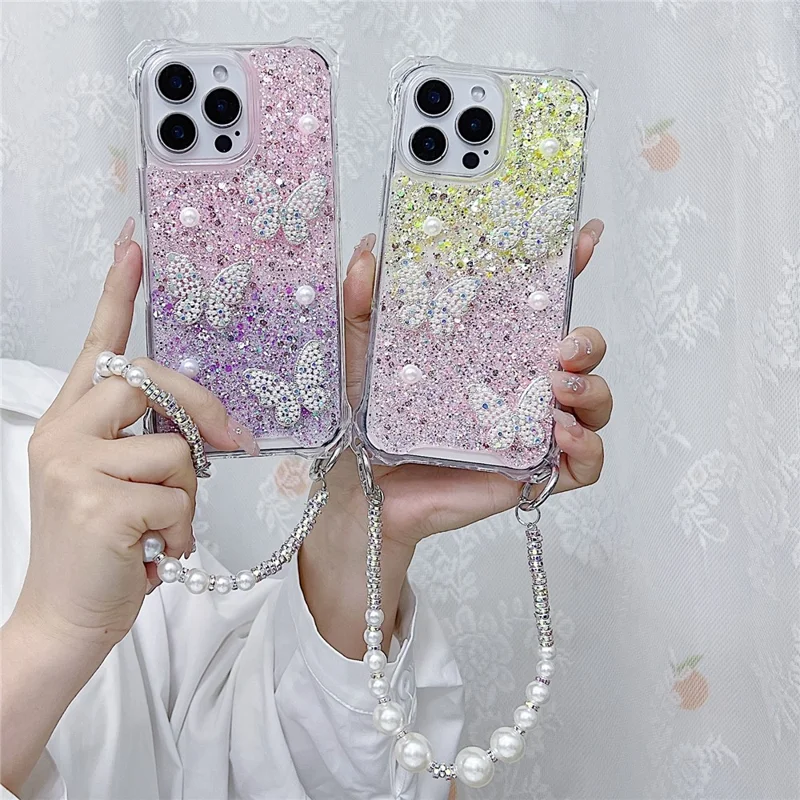 For iPhone 15 Pro Case with Strap Epoxy Glitter Butterfly Decor TPU + Acrylic Phone Back Cover - Pink / Purple