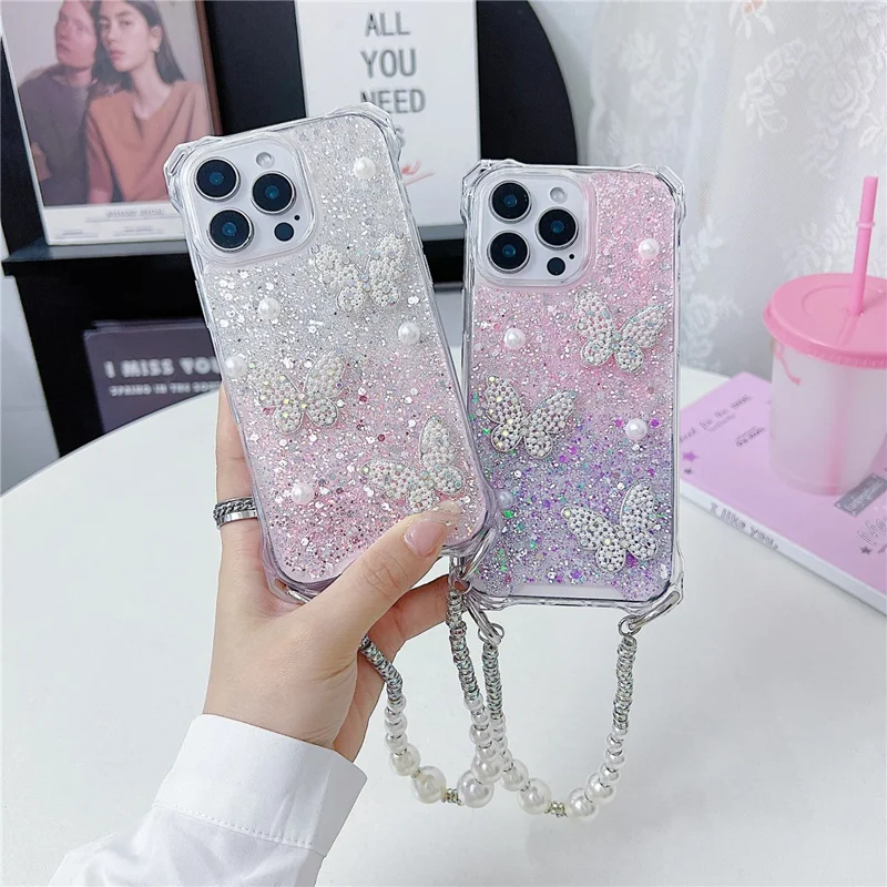 For iPhone 15 Pro Case with Strap Epoxy Glitter Butterfly Decor TPU + Acrylic Phone Back Cover - Pink / Purple