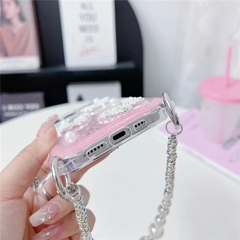 For iPhone 15 Pro Case with Strap Epoxy Glitter Butterfly Decor TPU + Acrylic Phone Back Cover - Pink / Purple