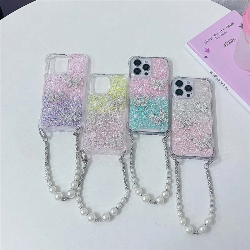 For iPhone 15 Pro Case with Strap Epoxy Glitter Butterfly Decor TPU + Acrylic Phone Back Cover - Pink / Purple