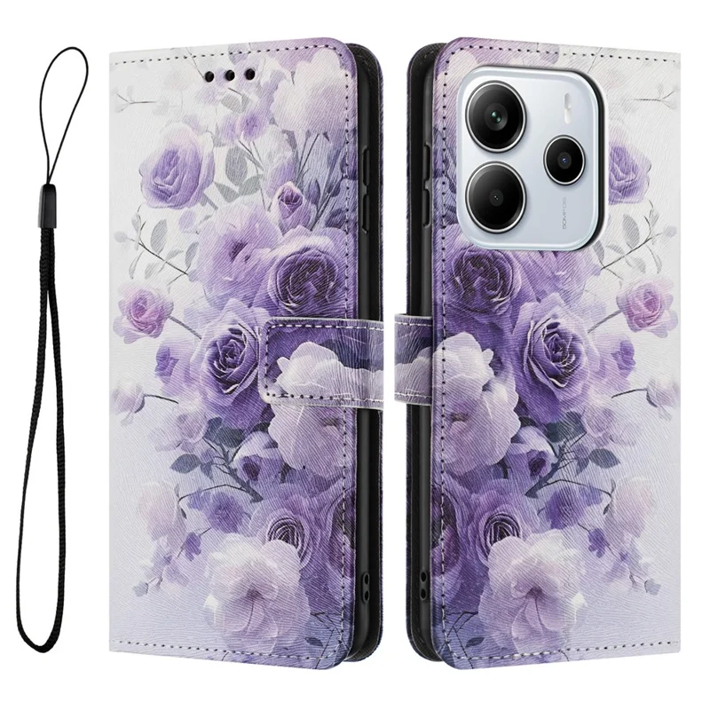 YX-2501 For Xiaomi Redmi Note 14 4G (163.25mm) Case Pattern Printing PU Leather Wallet Phone Cover with Lanyard - Purple Rose