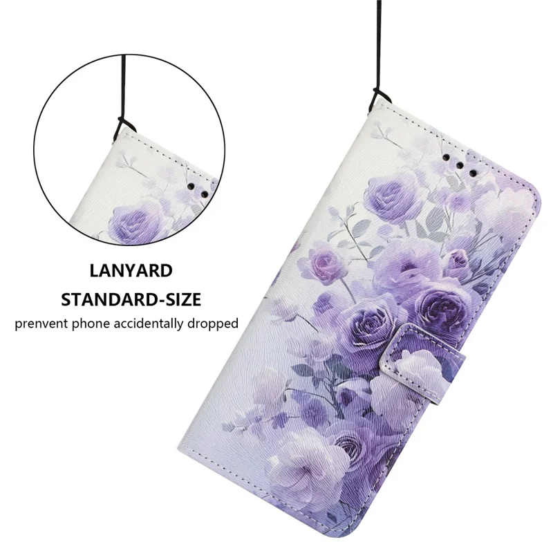 YX-2501 For Xiaomi Redmi Note 14 4G (163.25mm) Case Pattern Printing PU Leather Wallet Phone Cover with Lanyard - Purple Rose