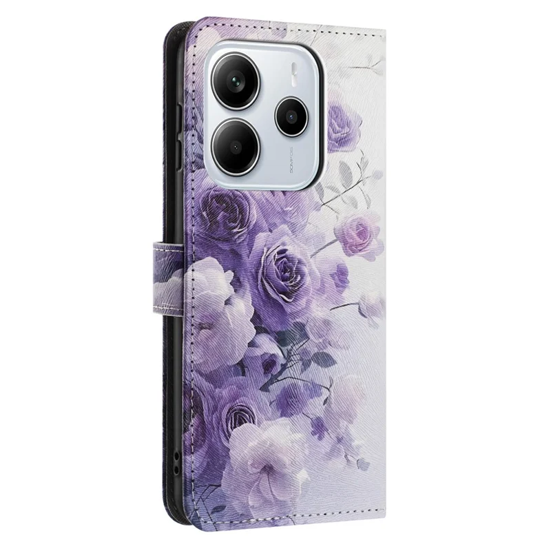 YX-2501 For Xiaomi Redmi Note 14 4G (163.25mm) Case Pattern Printing PU Leather Wallet Phone Cover with Lanyard - Purple Rose