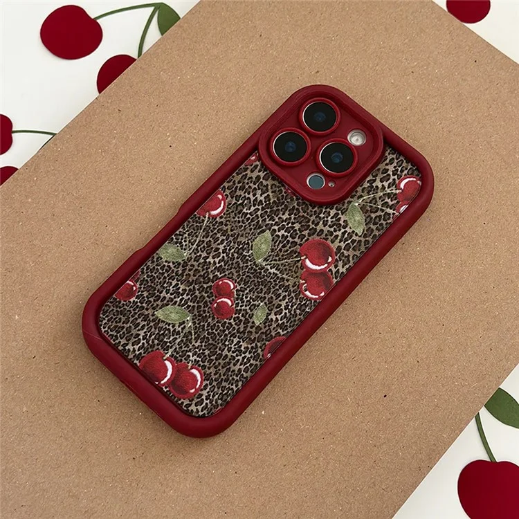 For iPhone 16 Pro Max Case Cherry Leopard Pattern Shockproof TPU Phone Cover