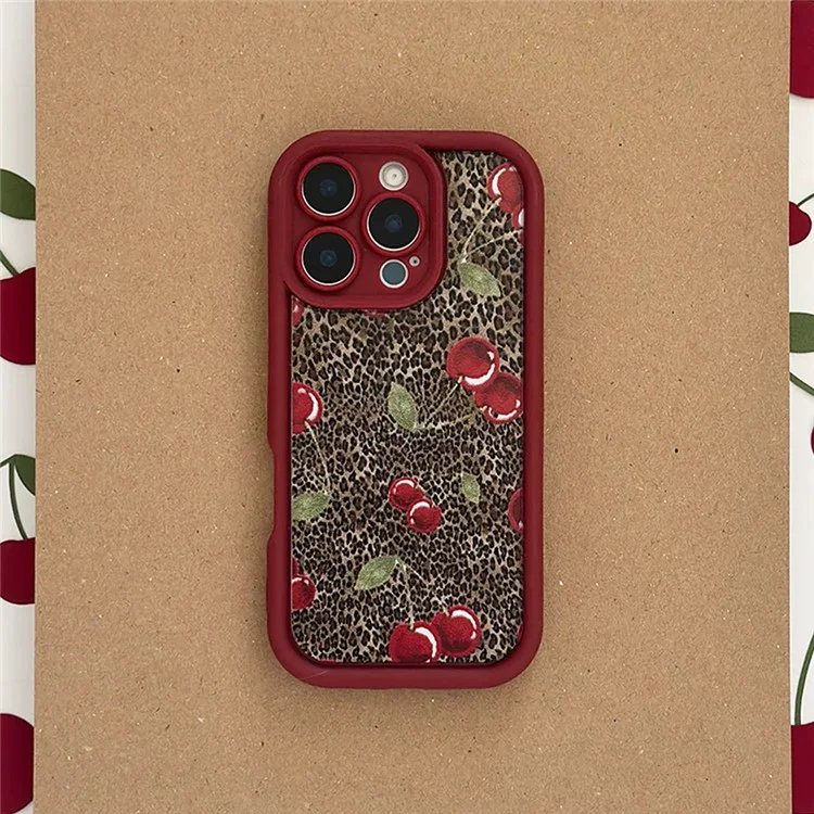 For iPhone 16 Pro Max Case Cherry Leopard Pattern Shockproof TPU Phone Cover