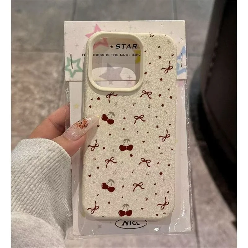 For iPhone 15 Pro Case Heart Cherry Pattern Litchi Texture TPU Phone Cover