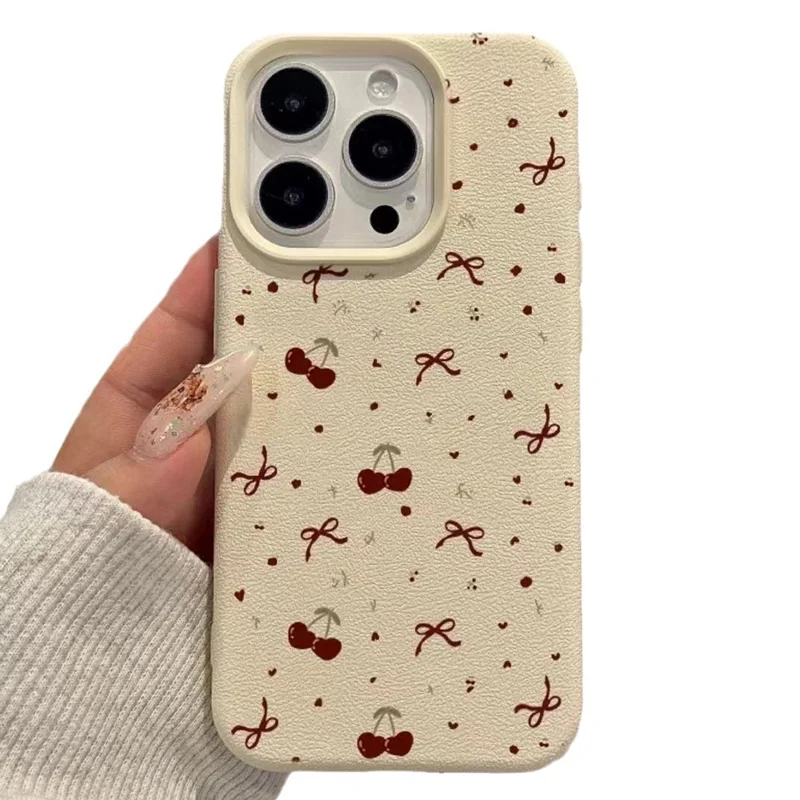 For iPhone 15 Pro Max Case Heart Cherry Pattern Litchi Texture TPU Phone Cover