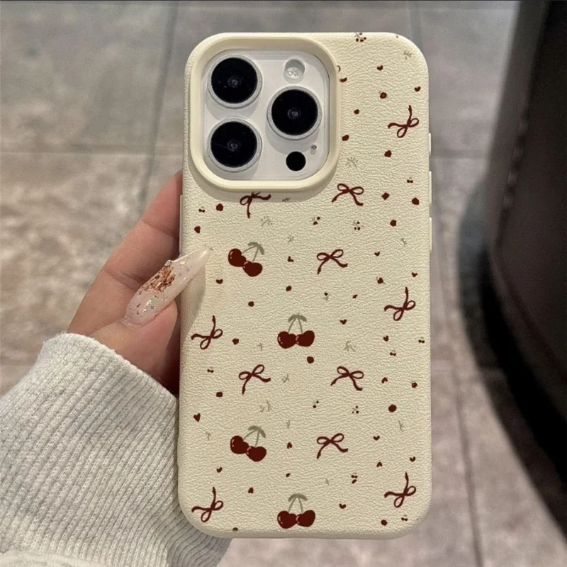 For iPhone 15 Pro Max Case Heart Cherry Pattern Litchi Texture TPU Phone Cover
