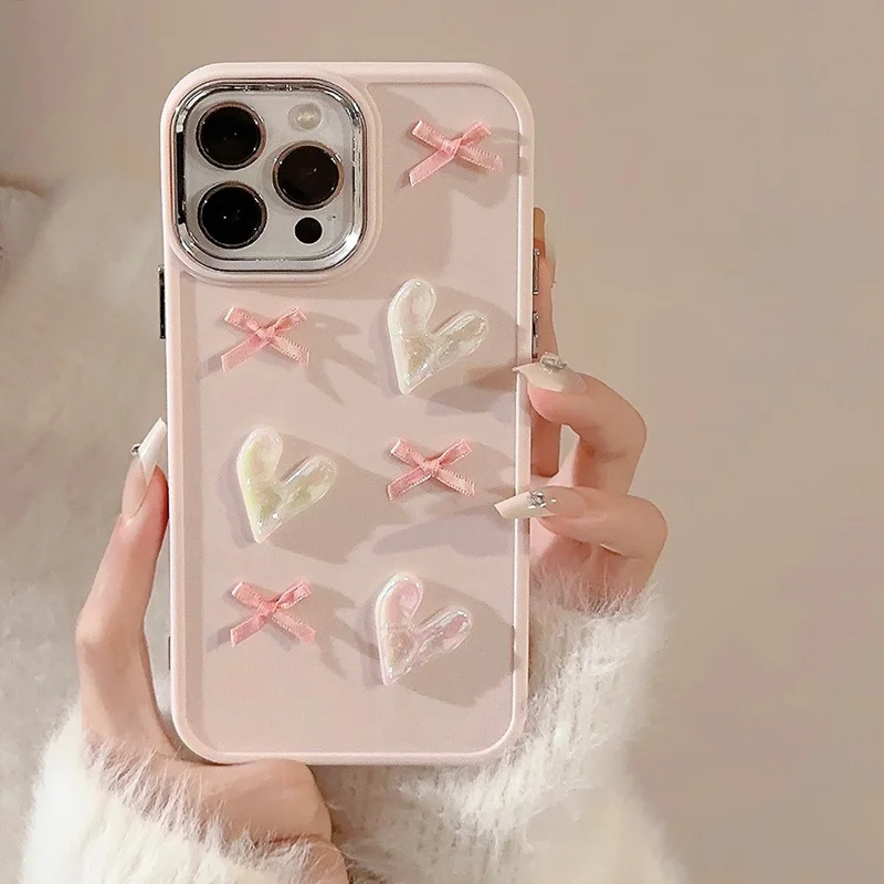 For iPhone 15 Pro Max TPU Case Heart Butterfly Bow Design Shockproof Phone Back Cover - Pink