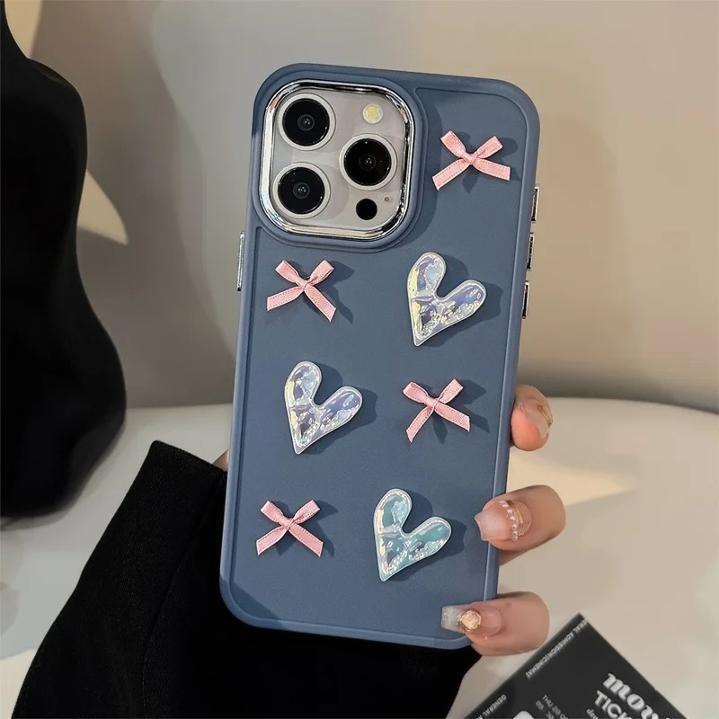 For iPhone 15 Pro Max TPU Case Heart Butterfly Bow Design Shockproof Phone Back Cover - Grey Blue