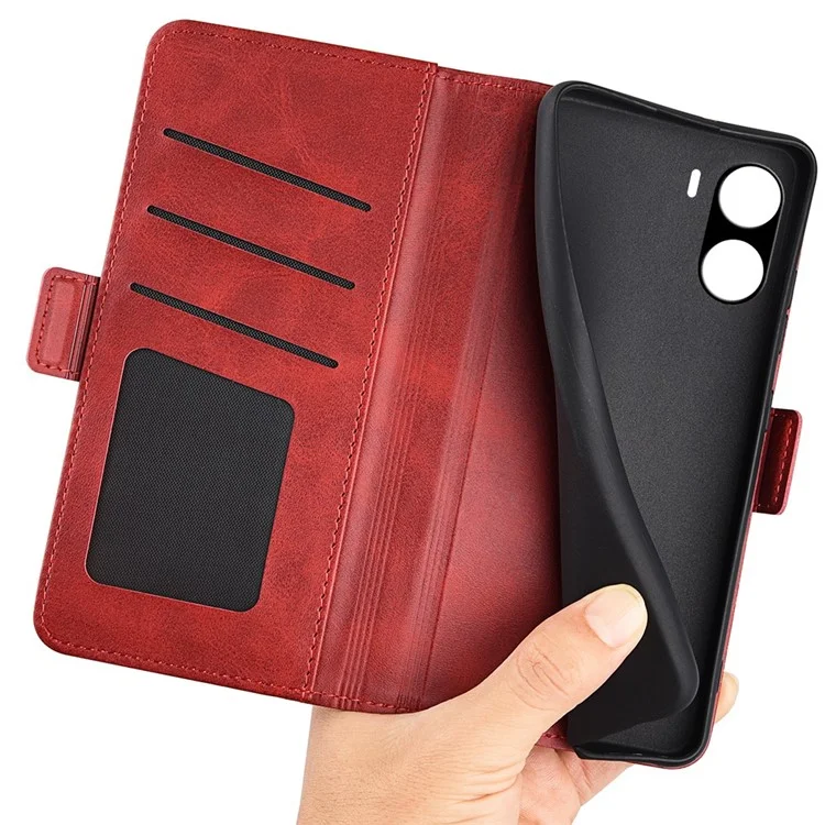 Für Vivo Y16 4g Kalbtextur PU Leder Hülle Dual Magnetic Clasp Ständer Brieftasche Folio Flip Phone Deckung - Rot